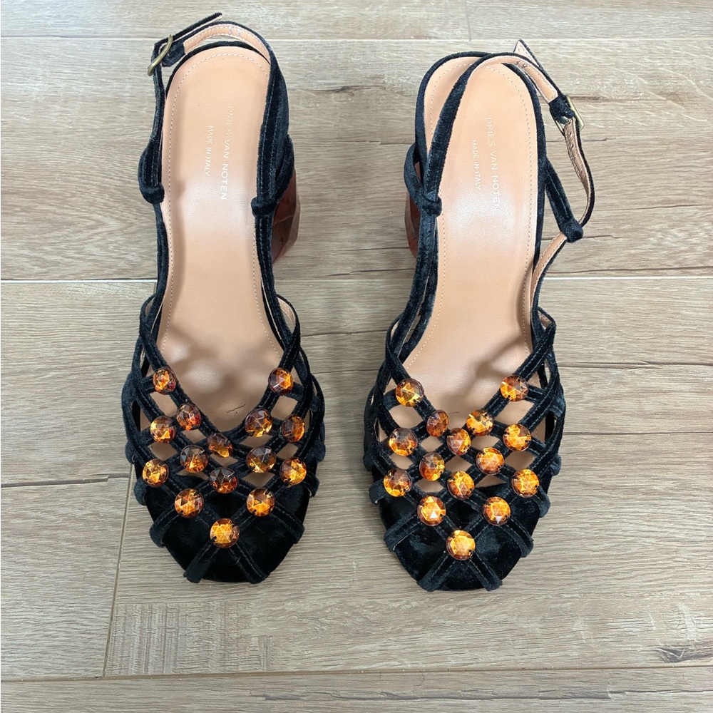 Dries Van Noten Black and Orange Heels with Intricate Design